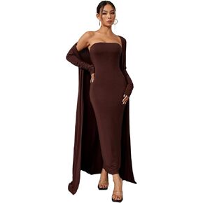 Verdusa Women's Strapless Split Bodycon Tube Dress and Long Sleeve Cardigan 2 Piece Outfit