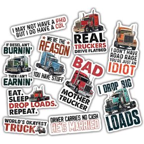 (10pcs) Truck Driver Stickers Trucker Decals Funny Truck Driver Gift School Trucker Funny Gifts Multiple Different Design, Waterproof, UV- Resistant, Suitable for Tumbler, Laptop, Car, Window