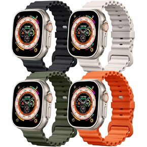 4 Pack Ocean Bands Compatible with Apple Watch Ultra Band 49mm 45mm 44mm 42mm Men Women, Soft Silicone Straps Sport Rugged Smartwatch Replacement for IWatch Ultra Ultra 2 Series 9 8 7 6 5 4 3 2 SE