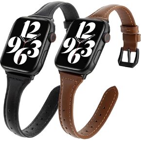 2 pack Slim Genuine Leather Bands Compatible with Apple Watch Band 38mm 40mm 41mm 42mm 44mm 45mm 49mm,Top Layer Leather Watch Thin Women Men Straps for iWatch Series 9/8/7/6/5/4/3/2/1 Ultra SE in Saudi Arabia