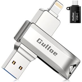 Gulloe 128GB USB Flash Drive Intended for iPhone, with OTG USB C Adapter for iPhone 15/16, Memory Stick Storage for Photos and Videos Backup, Compatible with iPhone iPad Android PC (Silver)