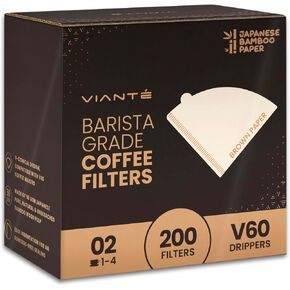 Vianté V60 Coffee Filters. Pour Over Coffee Filter Size 2 Brown Unbleached Filters From Natural Bamboo Fibers (200 Count)