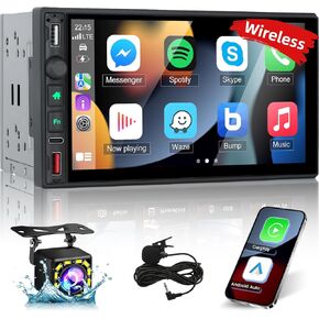 ستيريو لاسلكي مزدوج Din مع Carplay وAndroid Auto - جهاز استقبال صوت للسيارة بشاشة لمس عالية الدقة 7 بوصة مع EQ/وصلة مرآة/راديو FM/AM RDS/USB/شحن سريع/SWC + 12 كاميرا رؤية خلفية LED