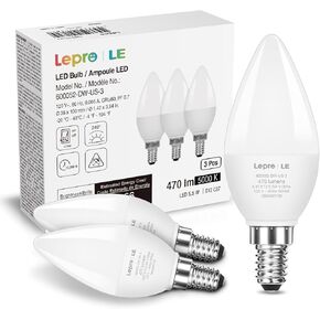 Lepro E12 LED Candelabra Light Bulbs, 5.5W, 40W Equivalent B11 Ceiling Fan Bulb Chandelier Bulbs, 5000K Daylight White Type B Small Base Candle Lights, 470 Lumens, 6-Pack, Non dimmable