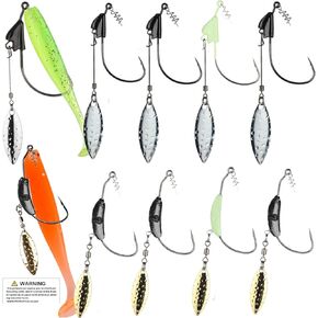 10Pcs/Box（2 Models Mixed） Jig Heads Swimbait Fishing Hooks,Worms Senko Soft Bait Weighted Hooks Set with Lead Weighted Hooks/Spinner Blades/Twistlock/Luminous, 1/5 oz 1/4oz 1/3oz 2/5oz