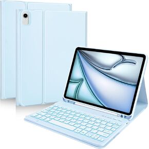 MMK for iPad Air 11 inch (M2) 2024 & iPad Air 5th 4th Generation Case with Keyboard 10.9 Inch, for iPad Case with 7 Colors Backlit Bluetooth Keyboard,Keyboard Cover with Pencil Holder, Light Blue