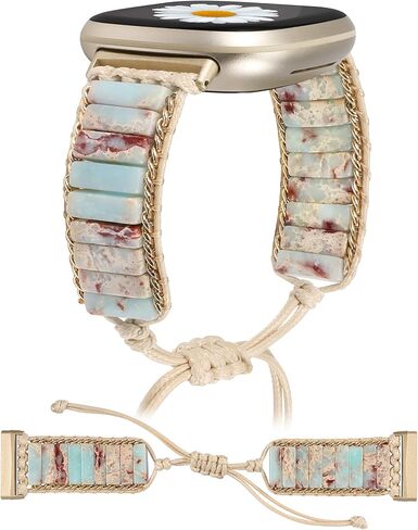 W-RARA Boho Stone Bracelet Compatible with Fitbit Versa 4/Versa 3/Sense 2/Sense Band for Women, Stylish Adjustable Handmade Solo Loop Chakra Energy Colorful Natural Stone Rope Braided Watch Strap in Saudi Arabia
