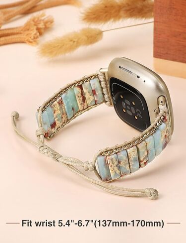 W-RARA Boho Stone Bracelet Compatible with Fitbit Versa 4/Versa 3/Sense 2/Sense Band for Women, Stylish Adjustable Handmade Solo Loop Chakra Energy Colorful Natural Stone Rope Braided Watch Strap in Saudi Arabia
