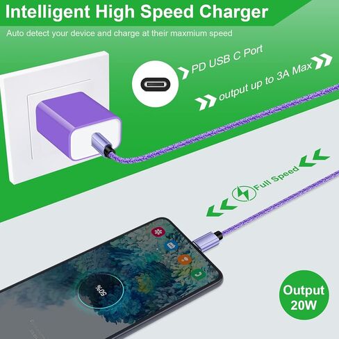 شاحن من النوع C شحن سريع لهاتف Samsung Galaxy S24/S23/S22 Ultra/S21 FE/S20 Z Flip 5 4 3 A16 A06 A25 A35 A55 A15 A54 A14 A23 A53 A13 A02S A12 A32، كتلة شاحن حائط USB C 20 واط + 6FT نوع C إلى كابل سي in Kuwait