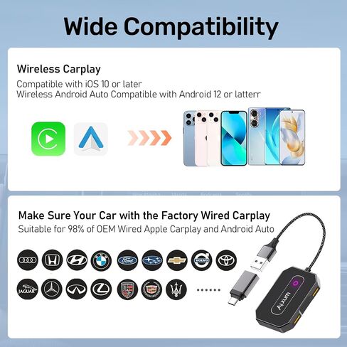 Alxum 2 in 1 Wireless CarPlay Android Auto Adapter - Convert Wired Carplay to Wireless Car Play Android Auto Dongle Switch for Cars with OEM Factory Carplay System, Support iOS 10+ and Android 12+ in Kuwait
