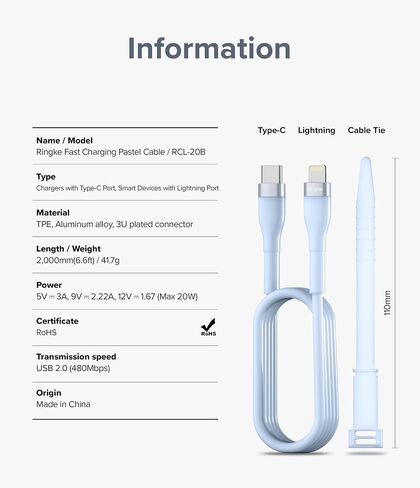 كابل Ringke USB C إلى Lightning Pastel (6.6 قدم)، كابل USB من النوع C إلى Lightning للشحن السريع وكابل شحن السيارة متوافق مع iPhone وiPad وAirPods - أزرق in Kuwait