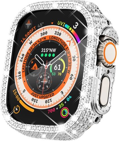 حافظة Surace مقاس 49 ملم متوافقة مع حافظة Apple Watch Ultra، حافظة لامعة مع أكثر من 400 قطعة من الماس الكريستالي وغطاء واقٍ متوافق مع Apple Watch Ultra (49 ملم، فضي) in Kuwait