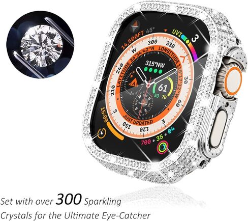 حافظة Surace مقاس 49 ملم متوافقة مع حافظة Apple Watch Ultra، حافظة لامعة مع أكثر من 400 قطعة من الماس الكريستالي وغطاء واقٍ متوافق مع Apple Watch Ultra (49 ملم، فضي) in Kuwait