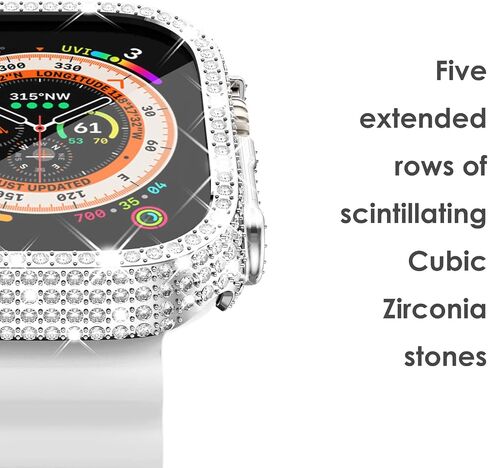 حافظة Surace مقاس 49 ملم متوافقة مع حافظة Apple Watch Ultra، حافظة لامعة مع أكثر من 400 قطعة من الماس الكريستالي وغطاء واقٍ متوافق مع Apple Watch Ultra (49 ملم، فضي) in Kuwait
