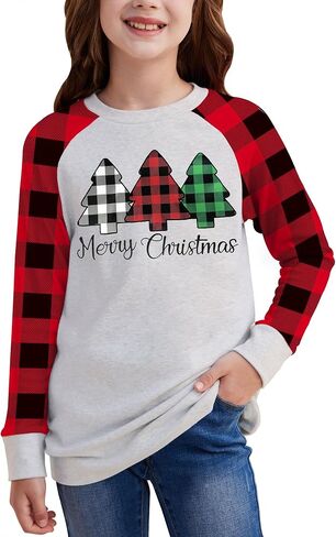 BesserBay Christmas Girls Funny Plaid Raglan Long Sleeve Shirt 4-14 Years in Kuwait