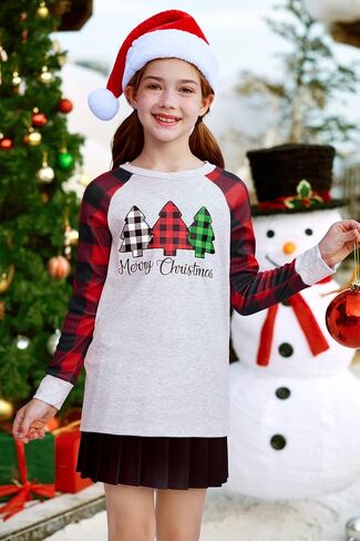 BesserBay Christmas Girls Funny Plaid Raglan Long Sleeve Shirt 4-14 Years in Kuwait