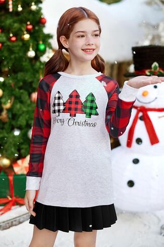 BesserBay Christmas Girls Funny Plaid Raglan Long Sleeve Shirt 4-14 Years in Kuwait