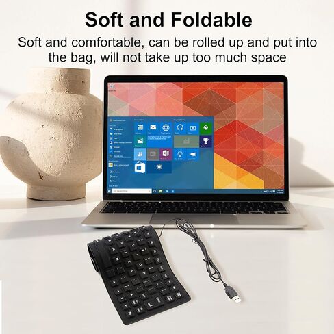 لوحة مفاتيح سلكية قابلة للطي من السيليكون، محمولة ورفيعة للغاية ومرنة، لوحة مفاتيح سلكية USB مقاومة للماء والغبار، حجم الجيب 85 مفتاحًا، لوحة مفاتيح ناعمة الملمس لأجهزة الكمبيوتر المحمول والكمبيوتر المحمول وسطح المكتب (أسود) in Kuwait
