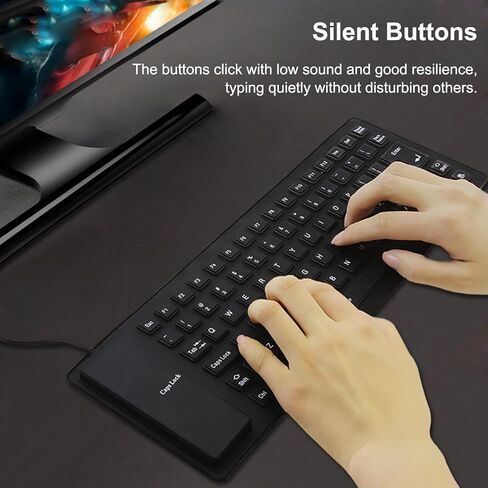 لوحة مفاتيح سلكية قابلة للطي من السيليكون، محمولة ورفيعة للغاية ومرنة، لوحة مفاتيح سلكية USB مقاومة للماء والغبار، حجم الجيب 85 مفتاحًا، لوحة مفاتيح ناعمة الملمس لأجهزة الكمبيوتر المحمول والكمبيوتر المحمول وسطح المكتب (أسود) in Kuwait