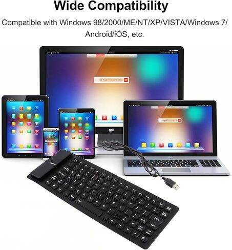 لوحة مفاتيح سلكية قابلة للطي من السيليكون، محمولة ورفيعة للغاية ومرنة، لوحة مفاتيح سلكية USB مقاومة للماء والغبار، حجم الجيب 85 مفتاحًا، لوحة مفاتيح ناعمة الملمس لأجهزة الكمبيوتر المحمول والكمبيوتر المحمول وسطح المكتب (أسود) in Kuwait