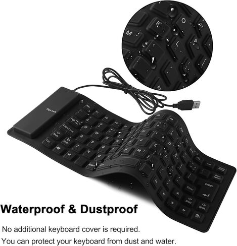 لوحة مفاتيح سلكية قابلة للطي من السيليكون، محمولة ورفيعة للغاية ومرنة، لوحة مفاتيح سلكية USB مقاومة للماء والغبار، حجم الجيب 85 مفتاحًا، لوحة مفاتيح ناعمة الملمس لأجهزة الكمبيوتر المحمول والكمبيوتر المحمول وسطح المكتب (أسود) in Kuwait