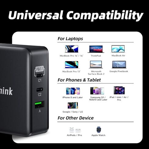 محول طاقة USB-C بقوة 140 واط، شاحن 3 منافذ GaN، شاحن USB C مزدوج 65 واط، شاحن PD مخرج 140 واط/100 واط/65 واط لأجهزة MacBook Pro/Air، Dell XPS، iPhone، iPad، Apple Watch، Nintendo Switch، SteamDeck in Kuwait
