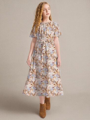 LaBeca Girls Elastic Crew Neck Butterfly Short Sleeve Midi Belted Dress with Pocket Wine 160Y in Kuwait