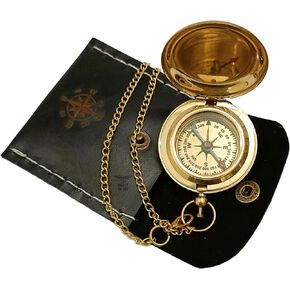 Antique Brass Compass Hiking, Camping Navigational Nautical Vintage Style Compass with Chain Leather Case Home Decorable Lightweight Ideal for Gifting by ARTISTERIO