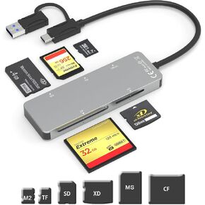 USB C USB3.0 XD Memory Card Reader 5Gbps 6-in-1 Multi Card Reader for TF, SD, MS, M2, XD, CF Cards, Aluminum Camera Card Reader for Windows Mac Linux Android, 5 Cards Can be Read Simultaneously