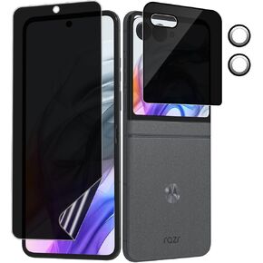 [1 Set] Compatible With Motorola Razr 2024 Privacy Screen Protector, 1 Pack Internal Anti-Spy Film + 1 Pack Outer Privacy Glass Screen Protector + 2 PCS Metal Camera Lens Protector, Case Friendly