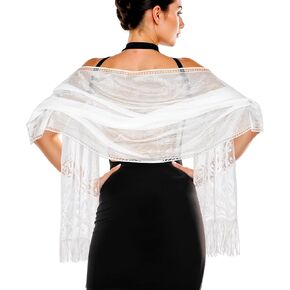 Jeffdad Women's Floral Lace Scarf Shawl wif Tassels for Women's Evening Dress Evening Party Mesh Wedding Shawls