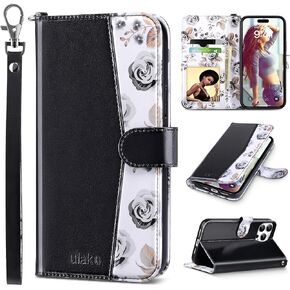 ULAK Compatible with iPhone 15 Pro Max Wallet Case for Women with Card Holder, Design Flower Flip PU Leather Kickstand Shockproof Protective Phone Cover for iPhone 15 Pro Max 6.7'' 2023, Rose Gold