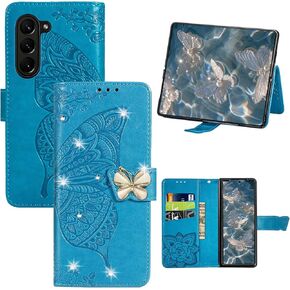 CCSmall for Samsung Galaxy Z Fold 6 Wallet Case for Women Girls, Embossed Floral Butterfly PU Leather Folio Flip Case Cover with Card Slot Holder for Samsung Z Fold 6 5G Rhinestone Rose Gold