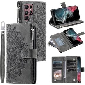 Mavis's Diary Compatible with Samsung Galaxy S22 Ultra 5G Case Wallet for Women, Mandala Floral Embosssed PU Leather Folio Zipper Cover Magnetic Flip Book Case with Card Holder Wrist Strap (Grey)
