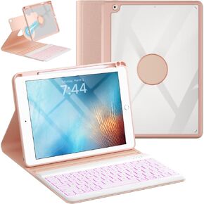 Keyboard Case for iPad 9.7 6th 2018/5th gen 2017/ Air 2-7 Color Wireless Backlit Keyboard - Detachable Slim Folio Cover with Pencil Holder (Pink)