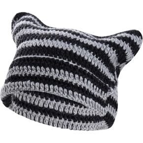 hoyuwak Crochet Cat Ear Beanie Hat Black Goth Knit Striped Winter Warm Cap for Men Women Festival Holiday Christmas