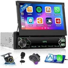 7 Inch Single Din Retractable Car Radio Stereo with Carplay Android Auto HD Touchscreen(Screen Angle Adjustable) Radio Receiver with Bluetooth FM EQ SWC Backup Camera USB Type-C Port