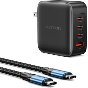 شاحن MacBook Pro 140 وات، شاحن VENTION MacBook USB C 4 منافذ قابلة للطي GaN+ شاحن متوافق مع MacBook Pro 16 بوصة/14 بوصة/13 بوصة، MacBook Air 15 بوصة، iPhone 15/14/Pro max، Chromebook (مع 240 واط كابل)