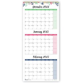 Blueline 2024 Colorful Three-Month Wall Calendar, 14 Months, December 2023 to January 2025, Gold Twin-Wire Binding, 12.25" x 27", Leaves Design (C171129-24)