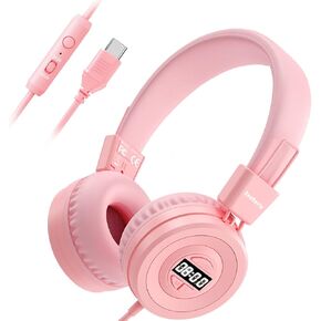 USB C Kids Headphones with Alarm, 85/94dB Volume Limit Portable Headphones with Digital Timer, HD Stereo Sound, Over-Ear Headset with Microphone for Kids/Toddlers/Children/Teens/Boys/Girls-Blue