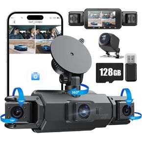 360°Dash Cam,4 Channel Vital Dash Cam Front and Rear Inside 1080P*4 Car Dash Camera for Cars,Car Dash cam Built-in GPS WiFi Night Vision,Loop Recording,24H Parking Mode with 128GB Card