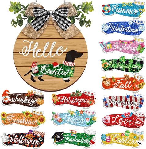 GlikCeil 16 Pcs Magnetic Diamond Painting Kit Interchangeable Welcome Sign Seasonal Door Hanging Sign Rustic Dachshund Dog DIY Detachable Home Decor for Porch Wall Summer 4th of July(Classic Style) in Saudi Arabia