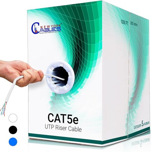 NewYork Cables Cat5e Cable 1000ft - موصلات صلبة Cat5e Riser Cable (CMR) - 24 AWG، 350 ميجا هرتز، UTP - كابل إيثرنت عالي السرعة Cat 5e تم اختباره بجودة 1000 قدم in Kuwait