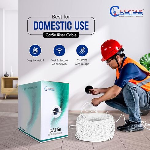 NewYork Cables Cat5e Cable 1000ft - موصلات صلبة Cat5e Riser Cable (CMR) - 24 AWG، 350 ميجا هرتز، UTP - كابل إيثرنت عالي السرعة Cat 5e تم اختباره بجودة 1000 قدم in Kuwait
