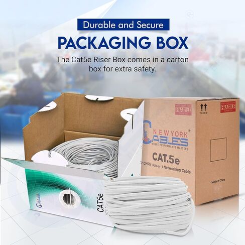 NewYork Cables Cat5e Cable 1000ft - موصلات صلبة Cat5e Riser Cable (CMR) - 24 AWG، 350 ميجا هرتز، UTP - كابل إيثرنت عالي السرعة Cat 5e تم اختباره بجودة 1000 قدم in Kuwait