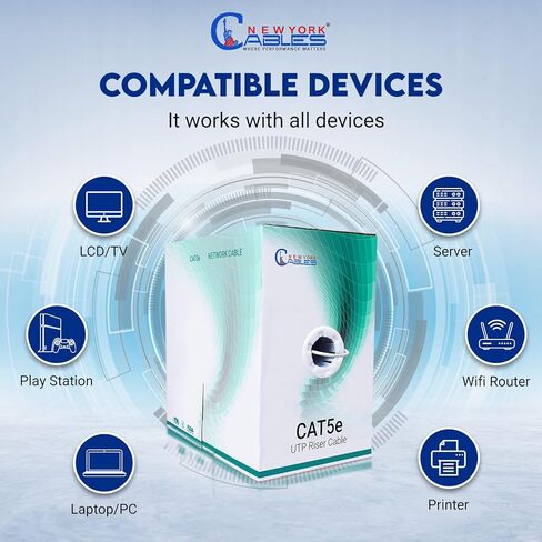 NewYork Cables Cat5e Cable 1000ft - موصلات صلبة Cat5e Riser Cable (CMR) - 24 AWG، 350 ميجا هرتز، UTP - كابل إيثرنت عالي السرعة Cat 5e تم اختباره بجودة 1000 قدم in Kuwait