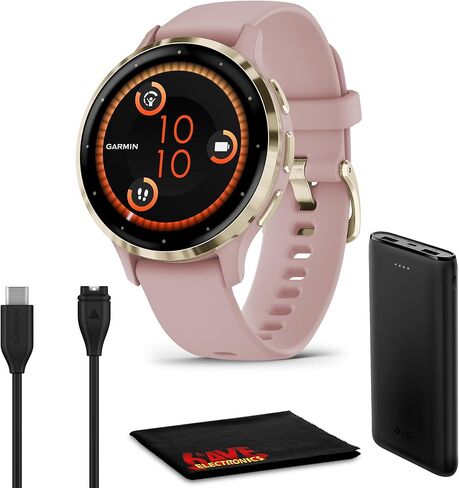 ساعة ذكية Garmin Venu 3S متتبع للياقة البدنية والصحة الذكية بإطار ذهبي ناعم من الفولاذ المقاوم للصدأ مع حافظة وردية 41 ملم من السيليكون وشاشة AMOLED تعمل باللمس 1.2 بوصة in Saudi Arabia