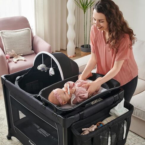 مركز حضانة فاخر 4 في 1 من بامو بيب، ساحة لعب أطفال محمولة قابلة للطي مع بوابة بسحاب، ساحة أطفال قابلة للطي مع طاولة تغيير، سرير أطفال قابل للفصل in Kuwait