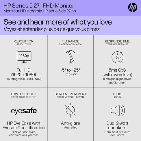 شاشة HP Series 5 مقاس 27 بوصة بدقة FHD، شاشة عالية الدقة بالكامل (1920 × 1080)، لوحة IPS، 99% sRGB، نسبة تباين 1500:1، 300 شمعة في المتر المربع، راحة العين مع شهادة Eyesafe، 527sa (متجددة) in Kuwait