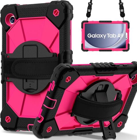 for Samsung Galaxy Tab A9 Case 8.7 inch SM-X110 X115 X117, Heavy Duty Shockproof Silicone Cover Rugged 360 Stand Hand Shoulder Strap for Galaxy A9 Tablet, Black/Blue in Kuwait